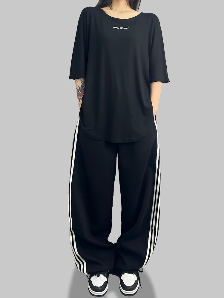 スポーツパンツ サイドライン ワイドシルエット ロングパンツ